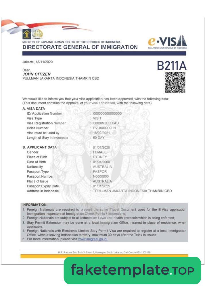 Feature of fake INDONESIA e-visa example